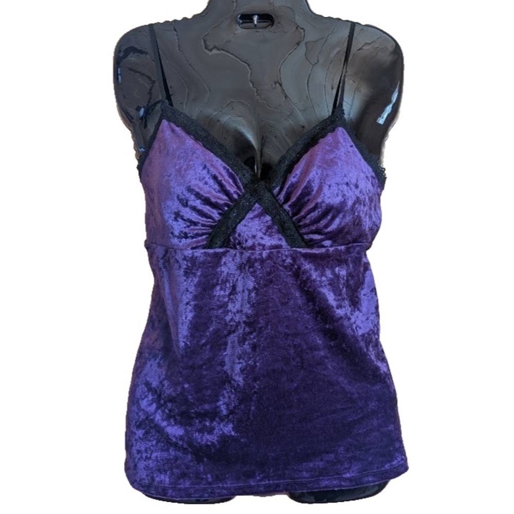 Y2K Velvet Babydoll Cami Tank Top M Lace Trim Goth Vamp Steampunk Dark Romantic